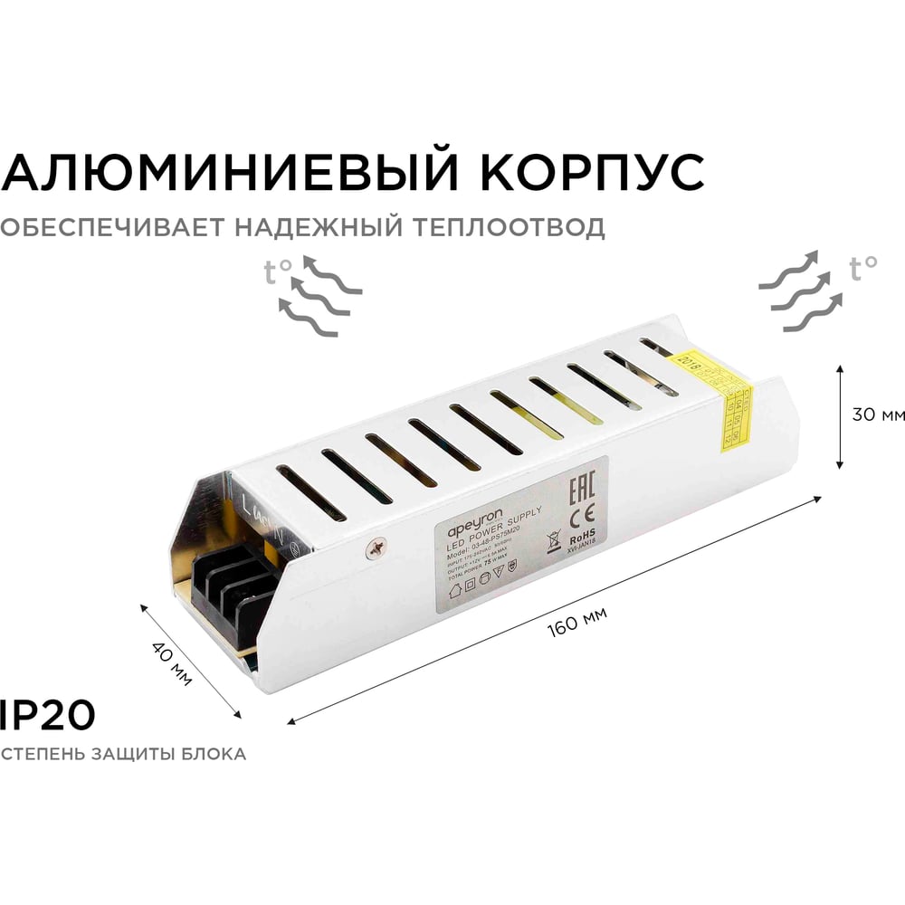 Блок питания (слим-металл) 12В, 75Вт, IP20, 6,5А, 160*40*30 мм