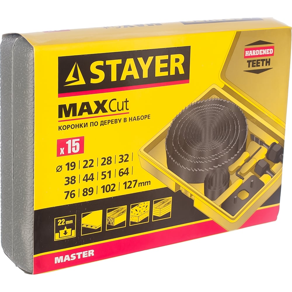 Набор STAYER "MASTER" Коронки по дереву кольцевые d=19-22-28-32-38-44-51-64-76-88-102-127, 15 предм