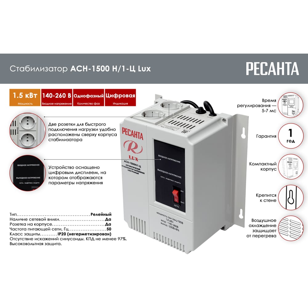 Стабилизатор напряжения Ресанта 1,5 кВт (140-260В) АСН-1500Н/1-Ц LUX