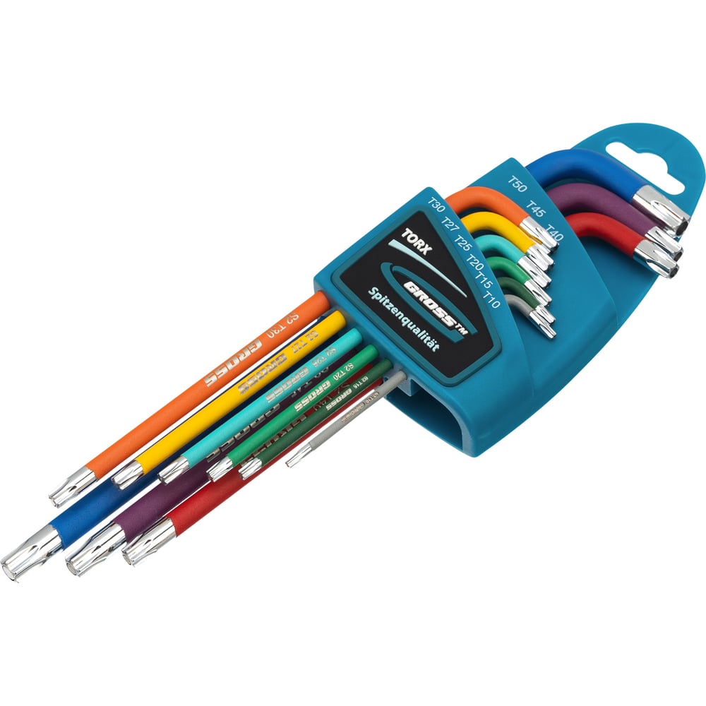 Набор экстрадлинных имбусовых ключей с магнитом GROSS TORX-TT T10-T50, S2, хром/краска, 9 шт. 16402