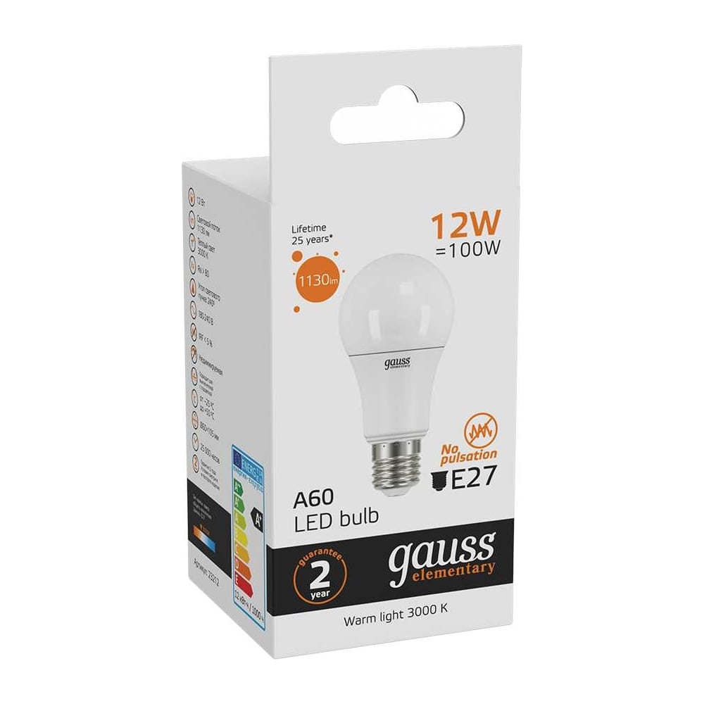 Лампа светодиодная LED Elementary 12W E27 A60 3000k, теплый белый, GAUSS