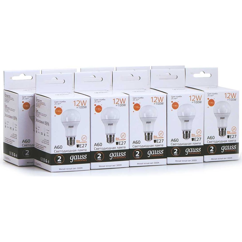 Лампа светодиодная LED Elementary 12W E27 A60 3000k, теплый белый, GAUSS