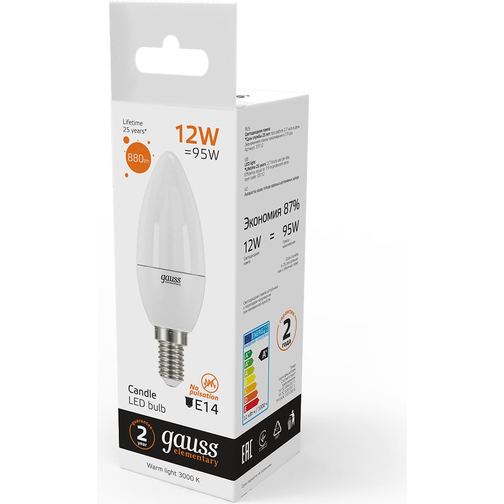 Лампа светодиодная LED Elementary Свеча 12W E14 3000k, теплый белый, GAUSS