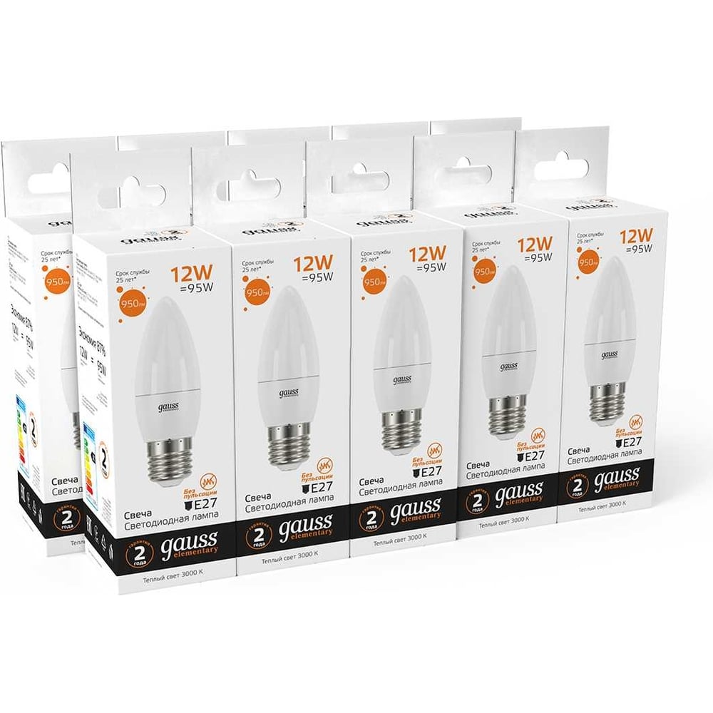Лампа светодиодная LED Elementary Свеча 12W E14 3000k, теплый белый, GAUSS