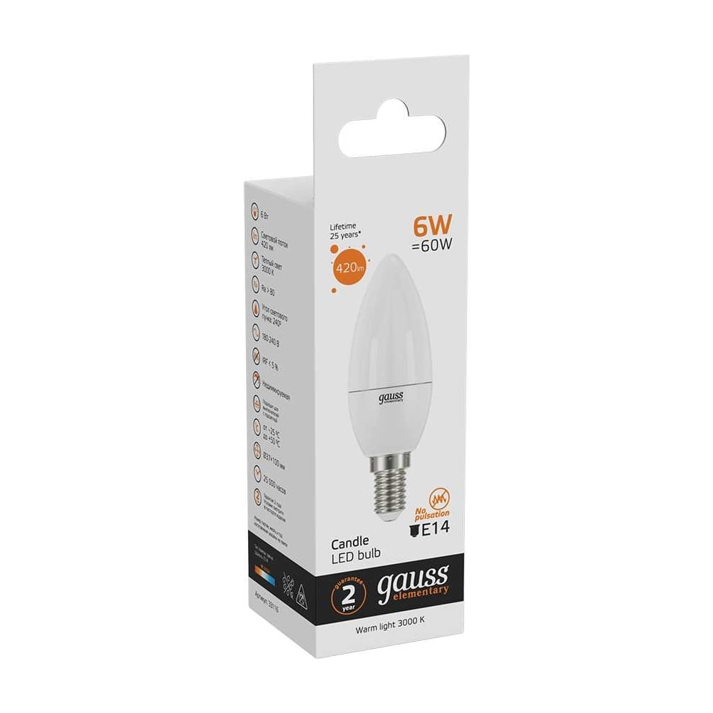 Лампа светодиодная LED Elementary Свеча 6W E14 3000k, теплый белый, GAUSS