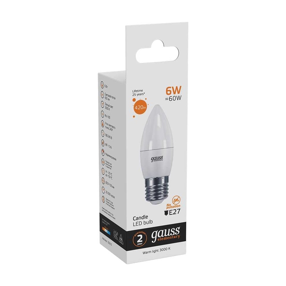 Лампа светодиодная LED Elementary Свеча 6W E27 3000k, теплый белый, GAUSS