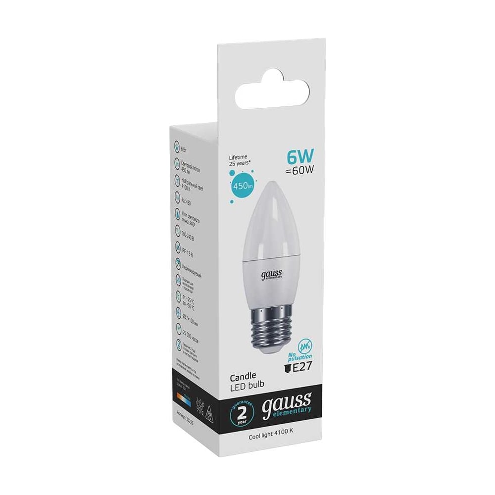 Лампа светодиодная LED Elementary Свеча 6W E27 4100k, нейтральный белый, GAUSS