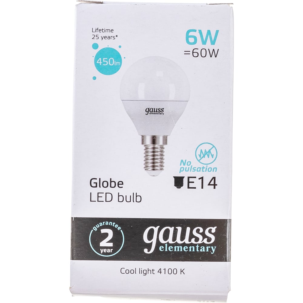 Лампа светодиодная LED Elementary Шар 6W E14 4100k, нейтральный белый, GAUSS