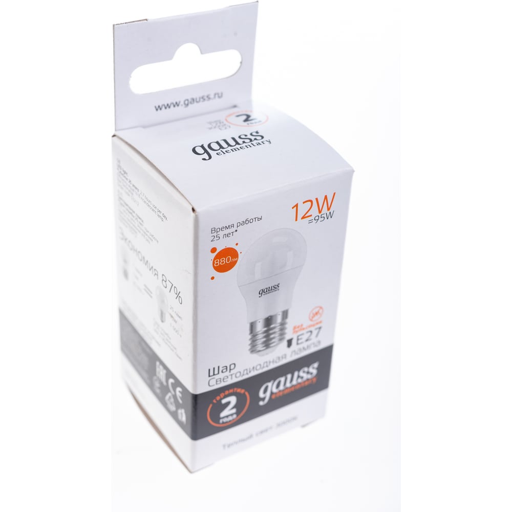 Лампа светодиодная LED Elementary Шар 12W E27 3000k, теплый белый, GAUSS