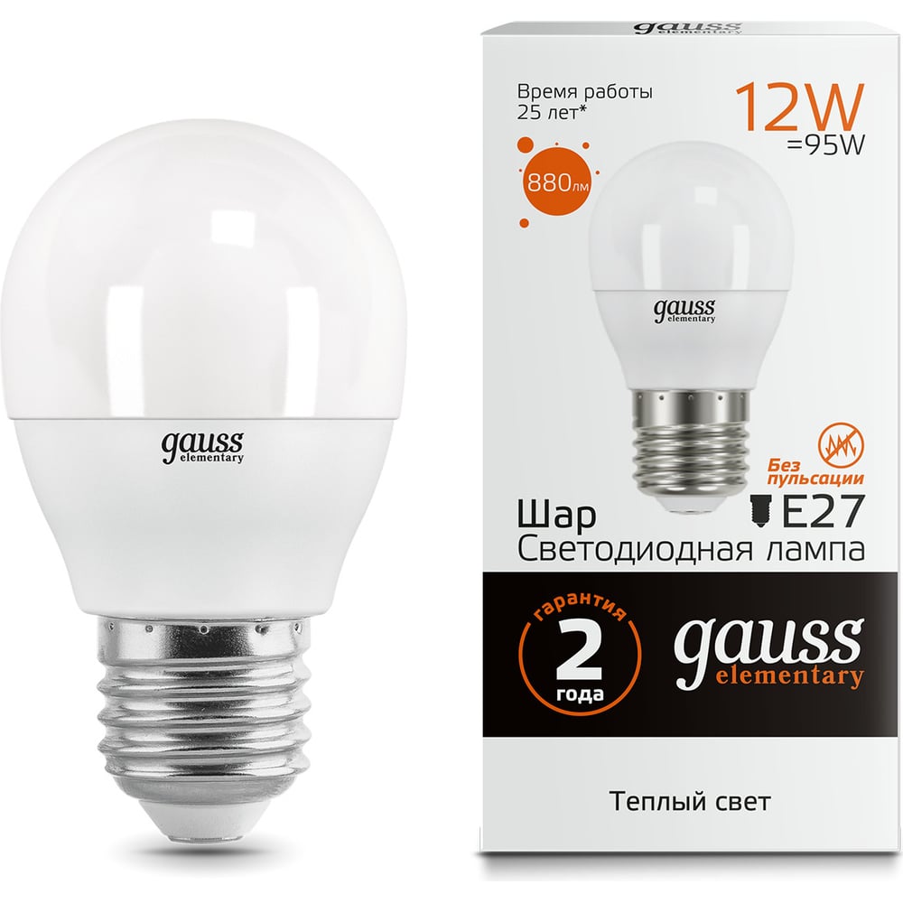 Лампа светодиодная LED Elementary Шар 12W E27 3000k, теплый белый, GAUSS