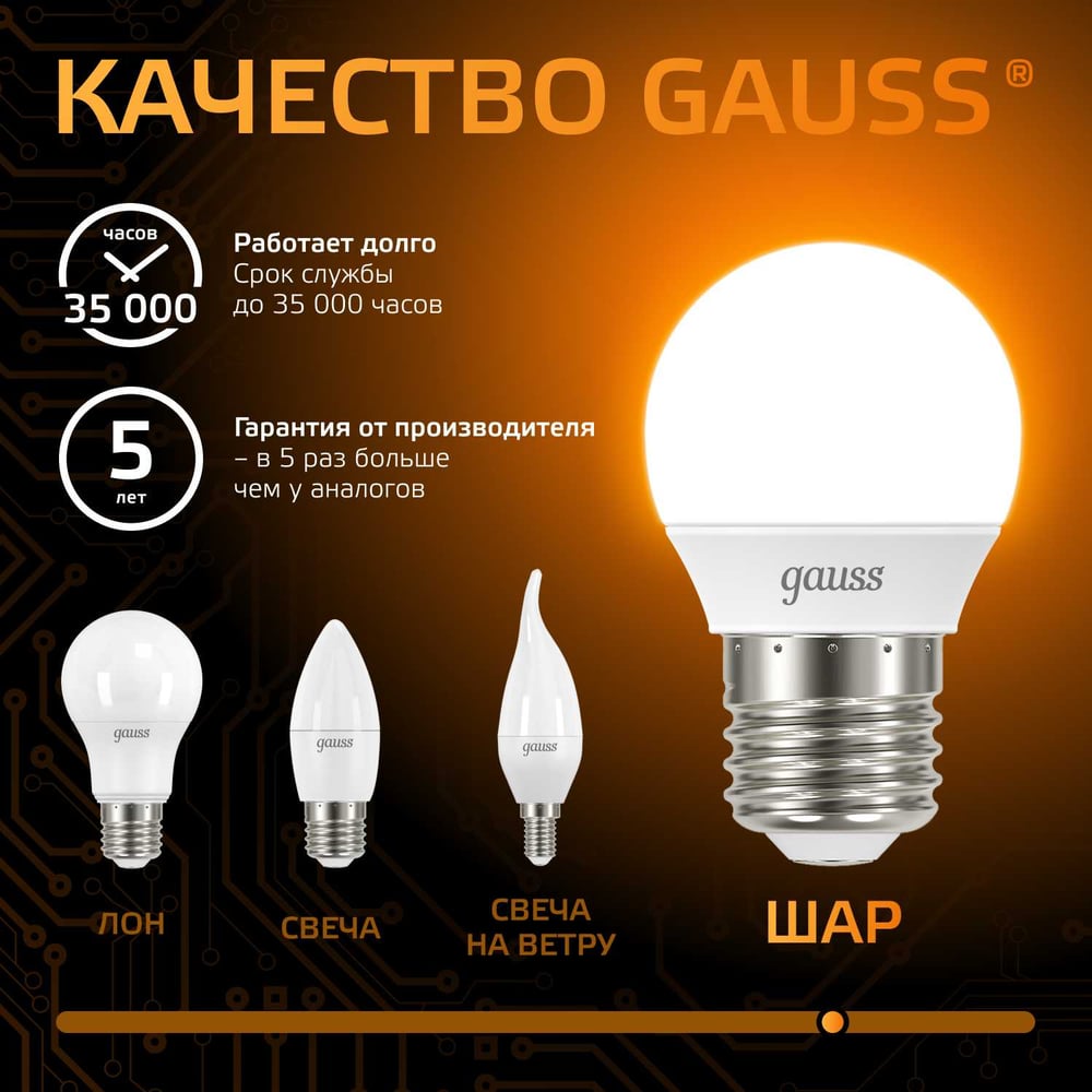 Лампа светодиодная LED шар 9,5W E27 3000K, теплый белый, GAUSS