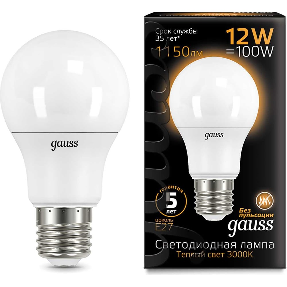 Лампа светодиодная LED 12W E27 A60 3000k, теплый белый, GAUSS
