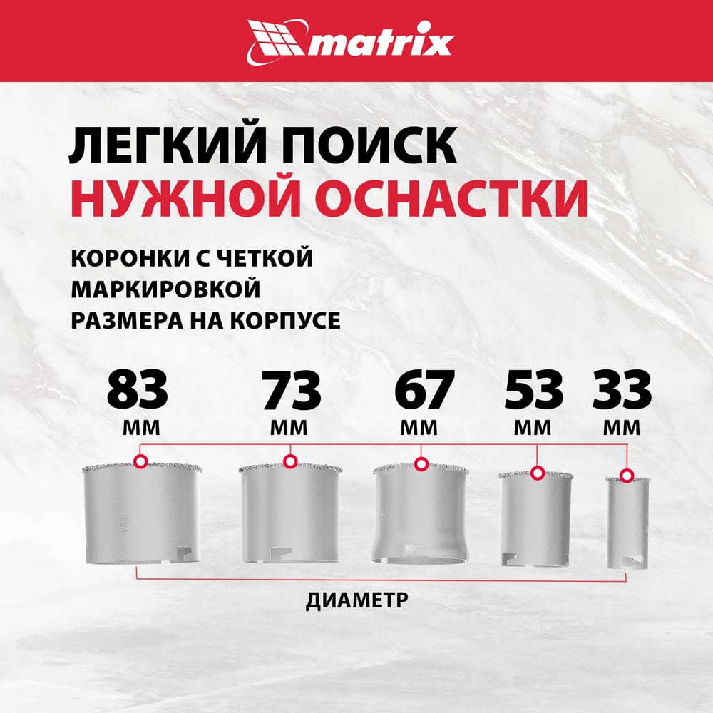 Набор коронок Matrix по керамической плитке 33-53-67-73-83мм