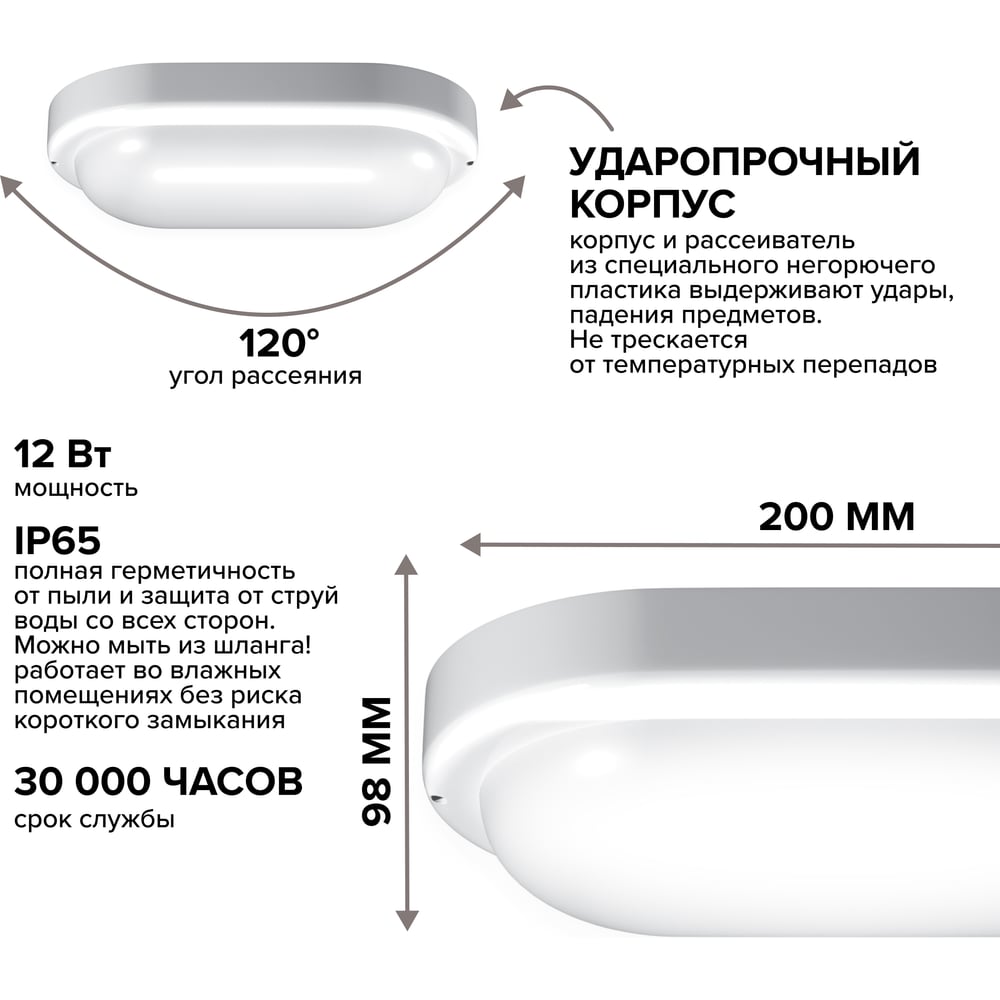 Светильник светодиодный WOLTA 12Вт 4000К IP65 1140лм овал