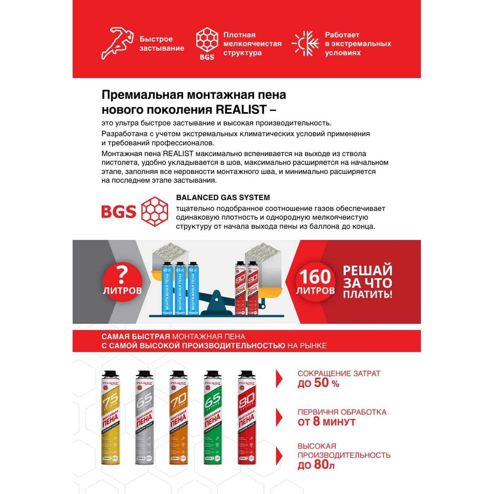 Пена монтажная REALIST PRO Red 80л - лето