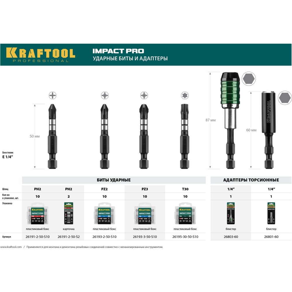 Биты Kraftool Impact Pro, Philips, E 1/4, PH2, 50мм
