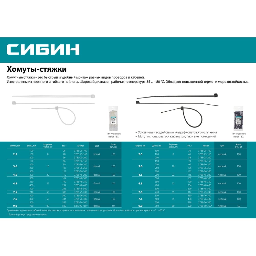 Хомуты стяжки белые 3,6х150мм 100шт, СИБИН
