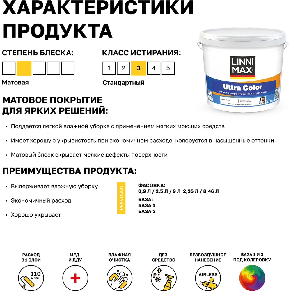 Водно-дисперсионная для внутренних работ краска LINNIMAX Ultra Color База 3 8,46 л 948105625