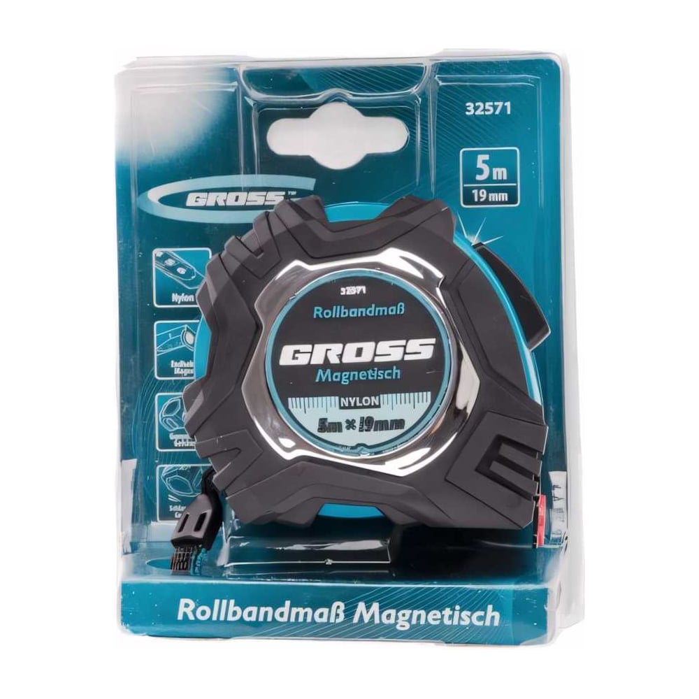 Рулетка Magnetisch, 5 м х 19 мм обрезиненный корпус GROSS 32571
