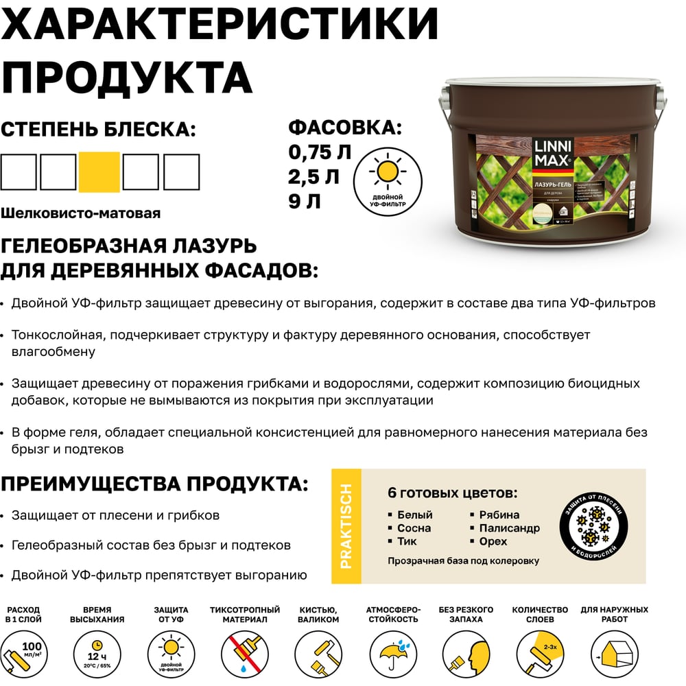 Лазурь-гель для дерева LINNIMAX Прозрачная 9 л 948105115