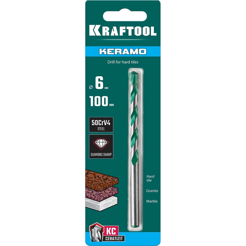 Сверло по керамограниту, тв.сплав КС, 6х100мм, KRAFTOOL Keramo