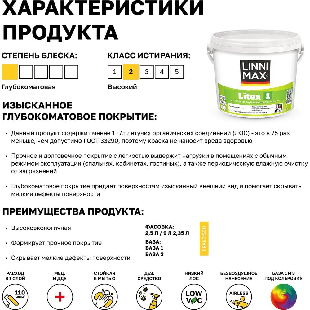 Краска водно-дисперсионная для внутренних работ LINNIMAX Litex 1 База 1, 2,5 л 948105646