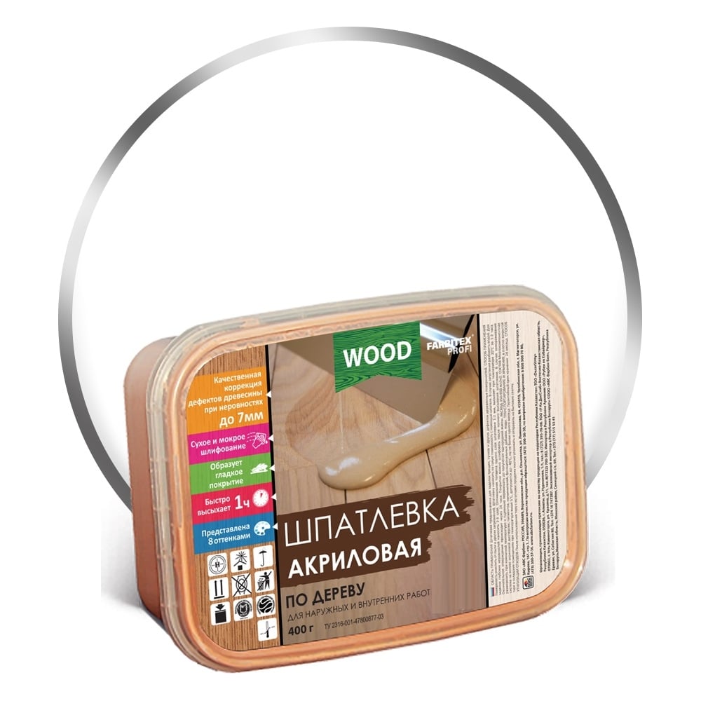 Шпатлевка акриловая по дереву, Цвет белый, (0,8кг/0,50л) FARBITEX PROFI WOOD, 1/12