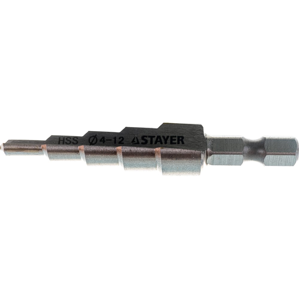 Сверло STAYER "MASTER" ступенчатое мет,сталь, HSS, d=4-12мм, 5ступ. d 4-6-8-10-12, L-65, шестгр хвос