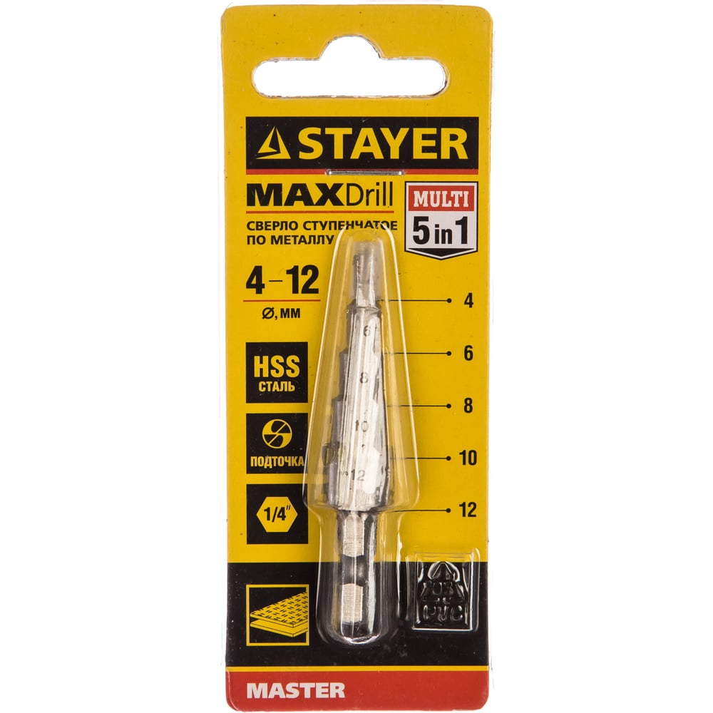 Сверло STAYER "MASTER" ступенчатое мет,сталь, HSS, d=4-12мм, 5ступ. d 4-6-8-10-12, L-65, шестгр хвос
