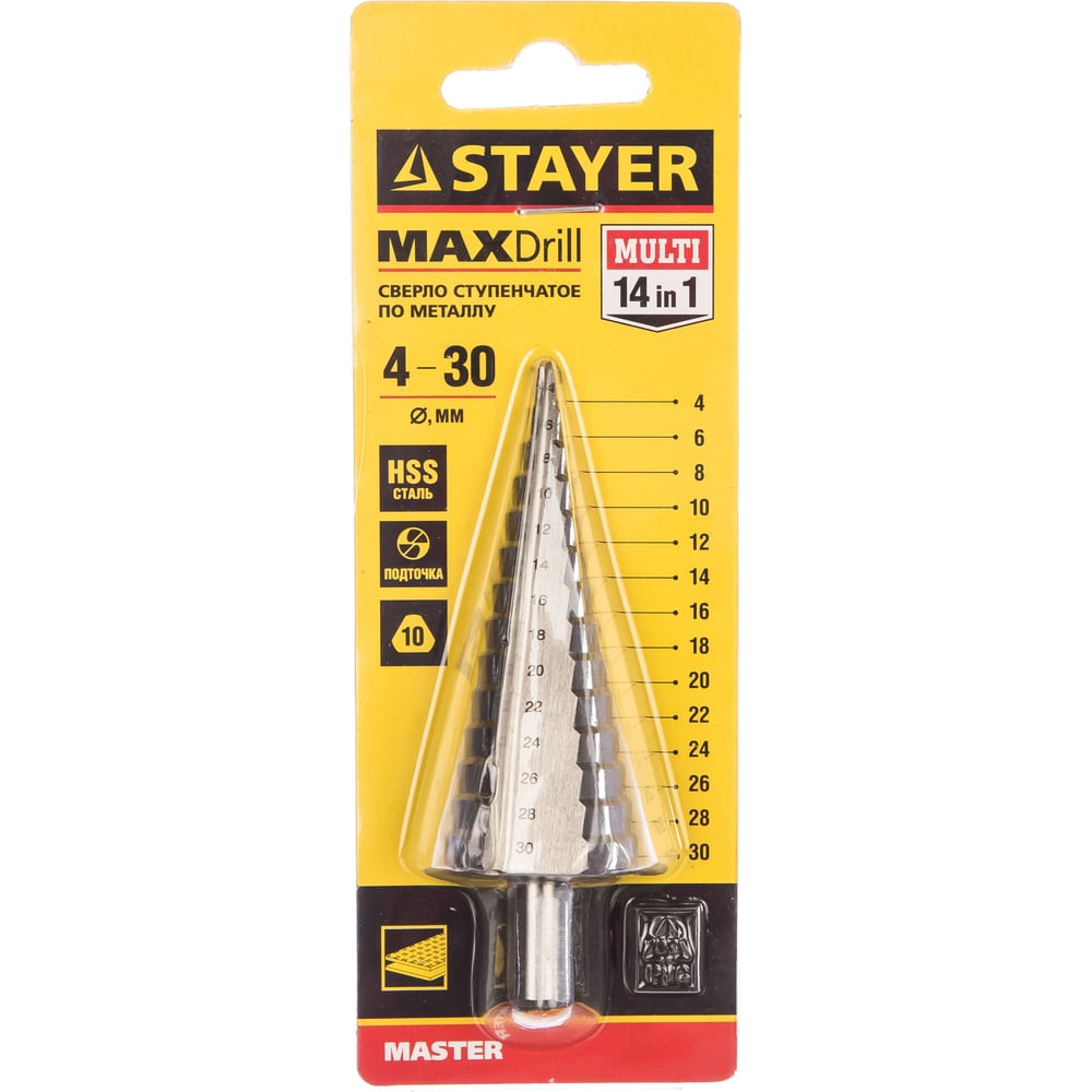 Сверло STAYER "MASTER" ступенчатое мет,сталь, HSS, d=4-30мм, 14ступ 4-30, L-100 трехгран, хвост 10мм