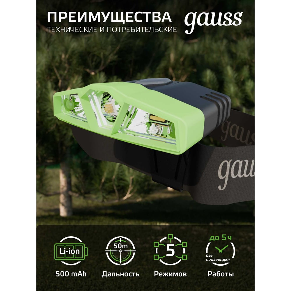 Налобный аккумуляторный фонарь Gauss 5W 180lm Li-ion 500mAh LED GF406