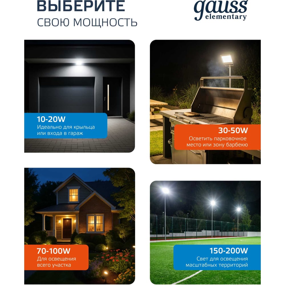 Светодиодный прожектор Gauss Elementary 50W 4250lm IP65 6500К черный ПРОМО 613100350P