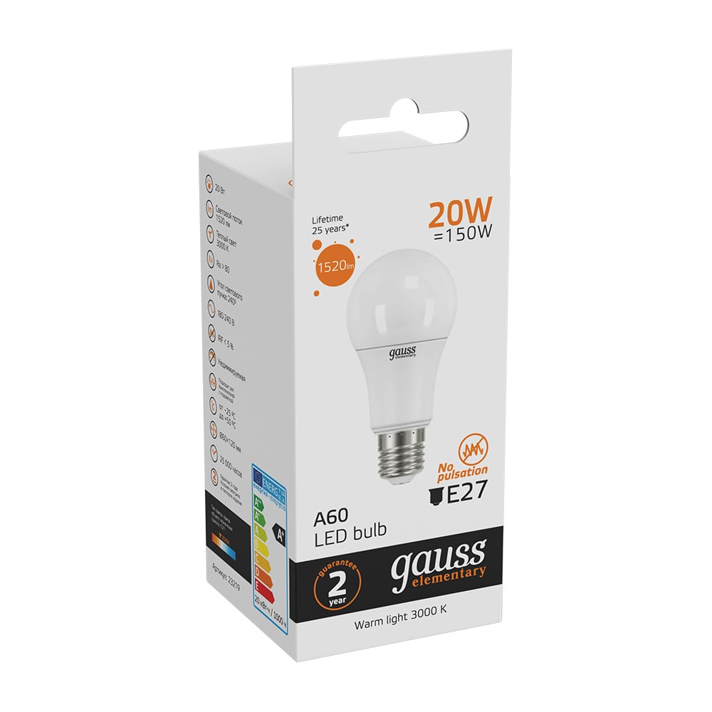 Лампа светодиодная LED Elementary 20W E27 A60 3000k, теплый белый, GAUSS
