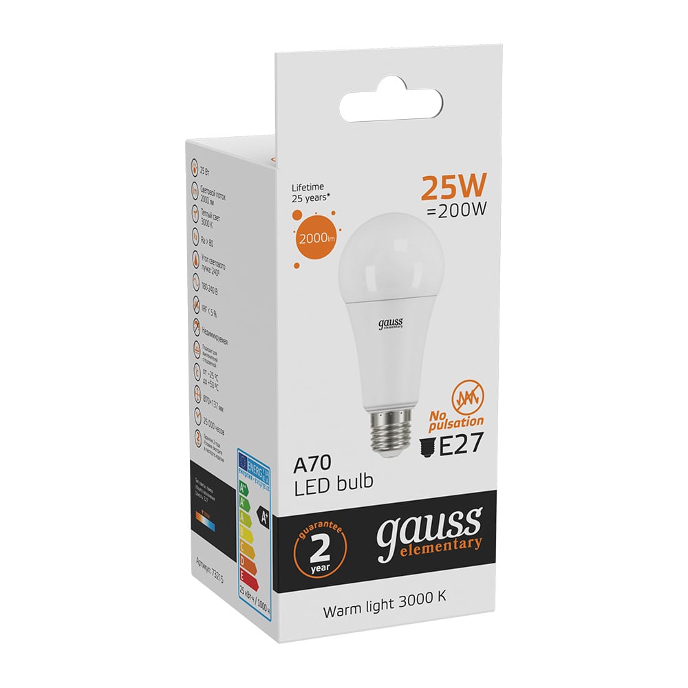 Лампа светодиодная LED Elementary 25W E27 A60 3000k, теплый белый, GAUSS