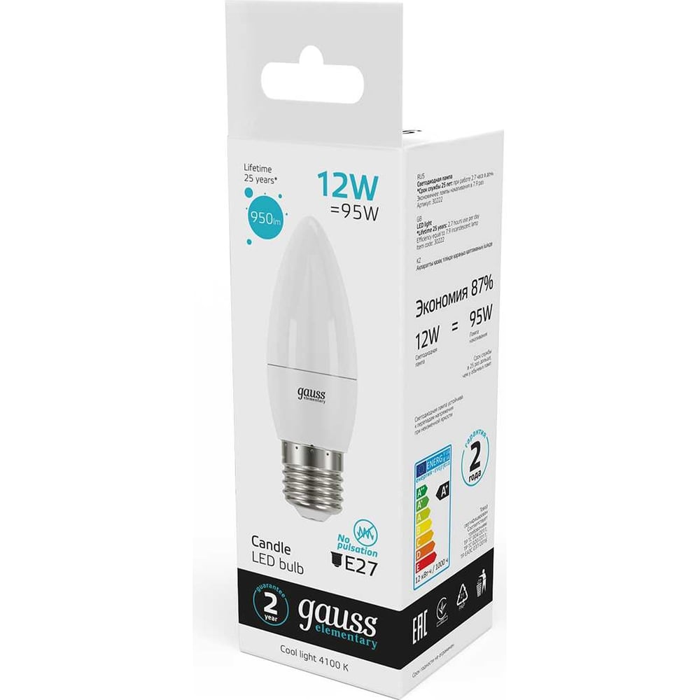 Лампа светодиодная LED Elementary Свеча 12W E27 950lm 4100k, нейтральный белый, GAUSS