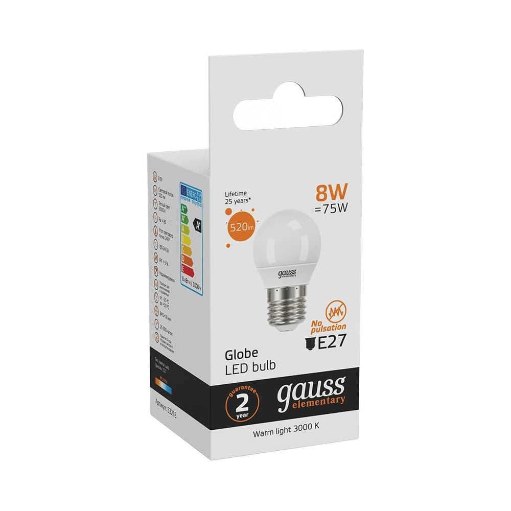 Лампа светодиодная LED Elementary Шар 8W E27 3000k, теплый белый, GAUSS