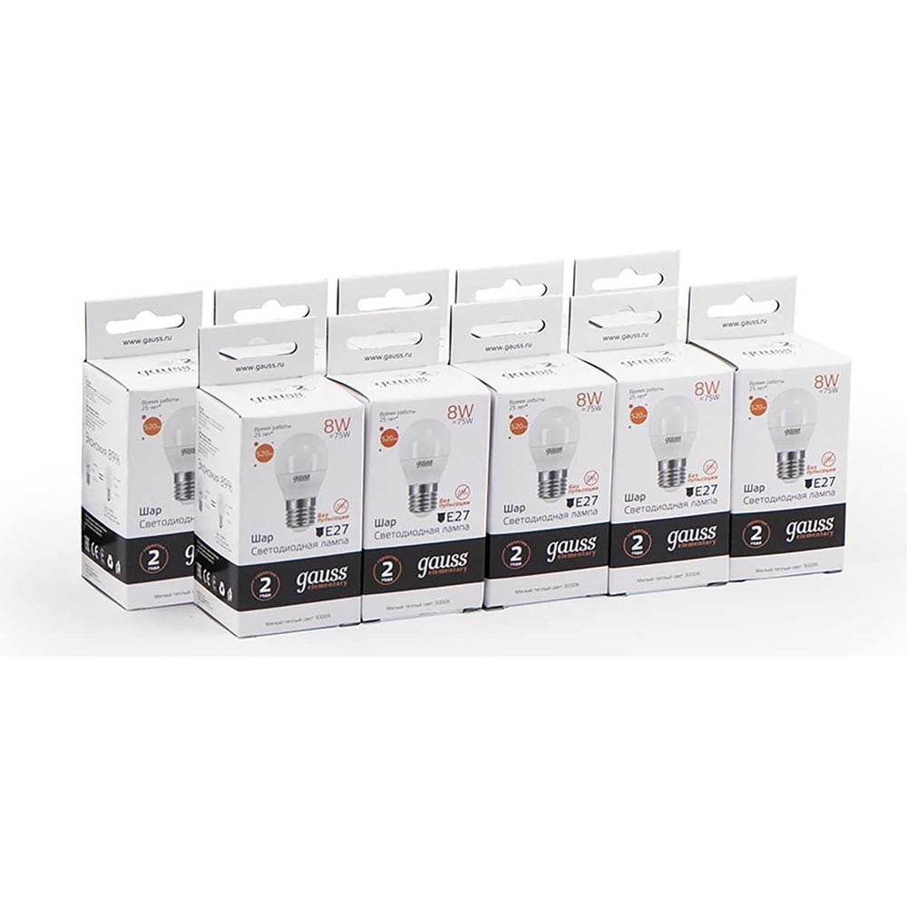 Лампа светодиодная LED Elementary Шар 8W E27 3000k, теплый белый, GAUSS