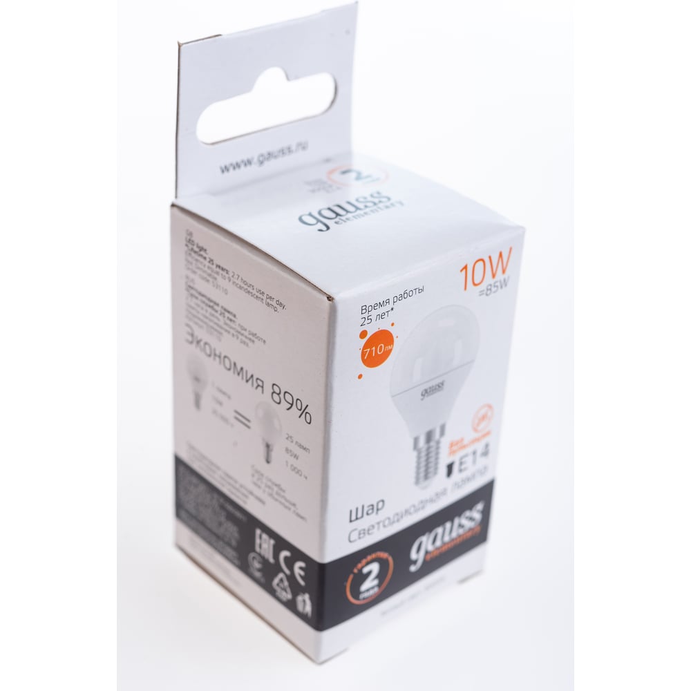 Лампа светодиодная LED Elementary Шар 10W E14 3000k, теплый белый, GAUSS