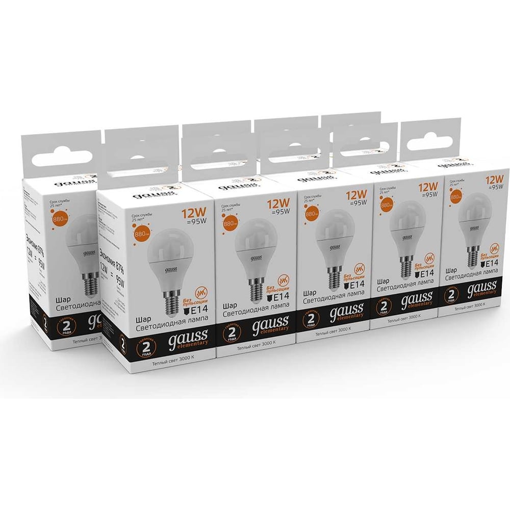 Лампа светодиодная LED Elementary Шар 12W E14 920lm 3000k, теплый белый, GAUSS