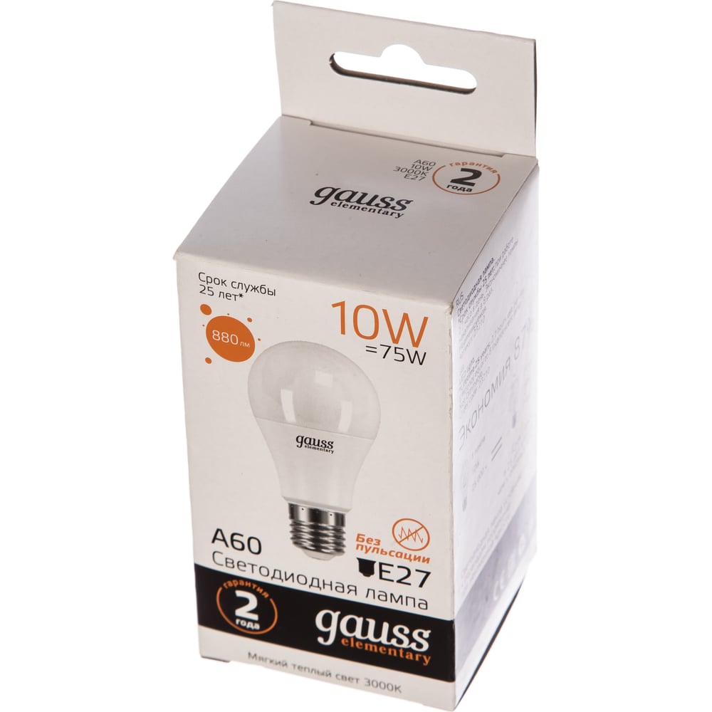 Лампа светодиодная LED Elementary 10W E27 A60 3000k, теплый белый, GAUSS