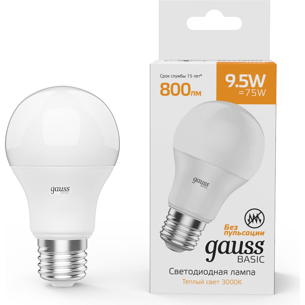 Лампа светодиодная LED Elementary 10W E27 A60 3000k, теплый белый, GAUSS