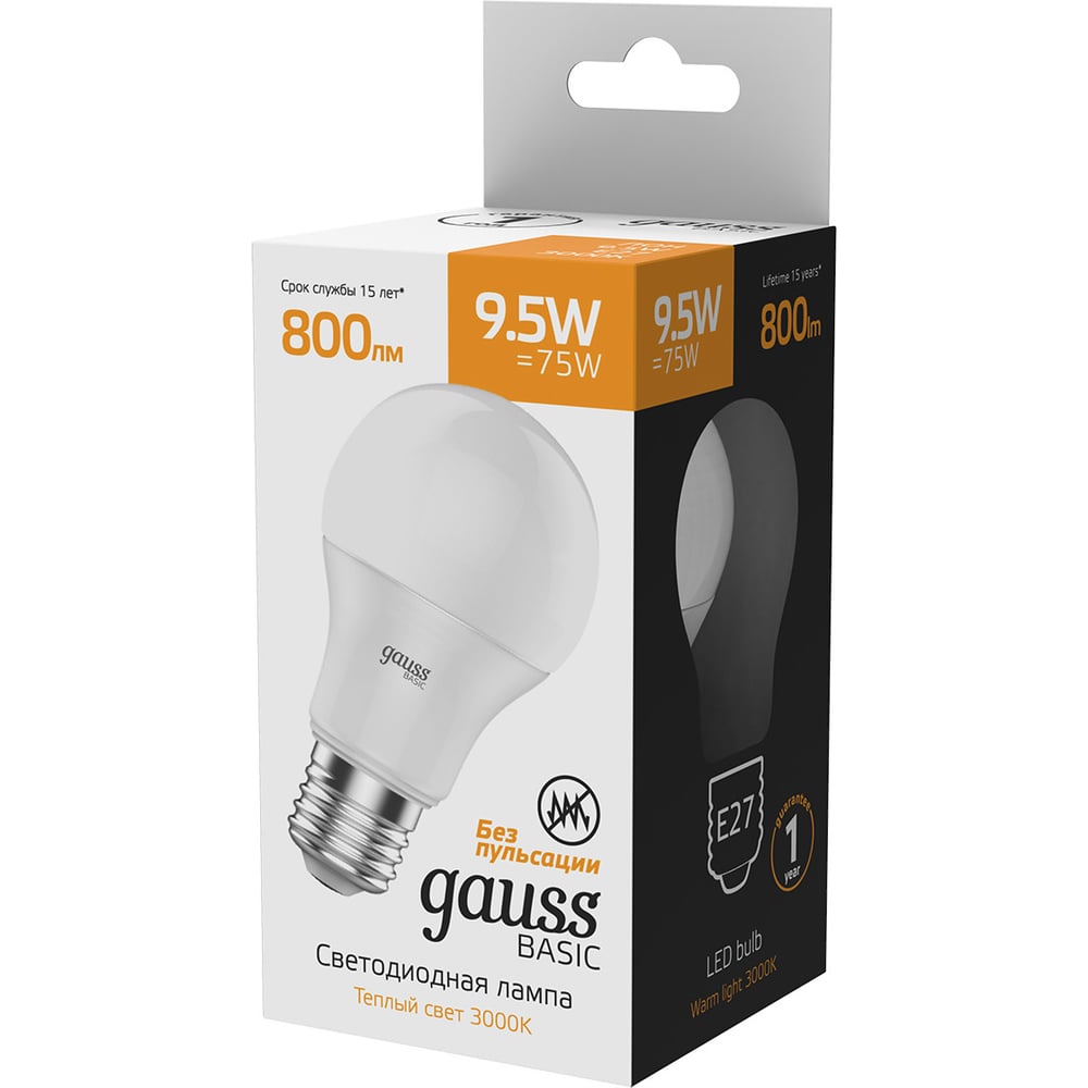 Лампа светодиодная LED Elementary 10W E27 A60 3000k, теплый белый, GAUSS