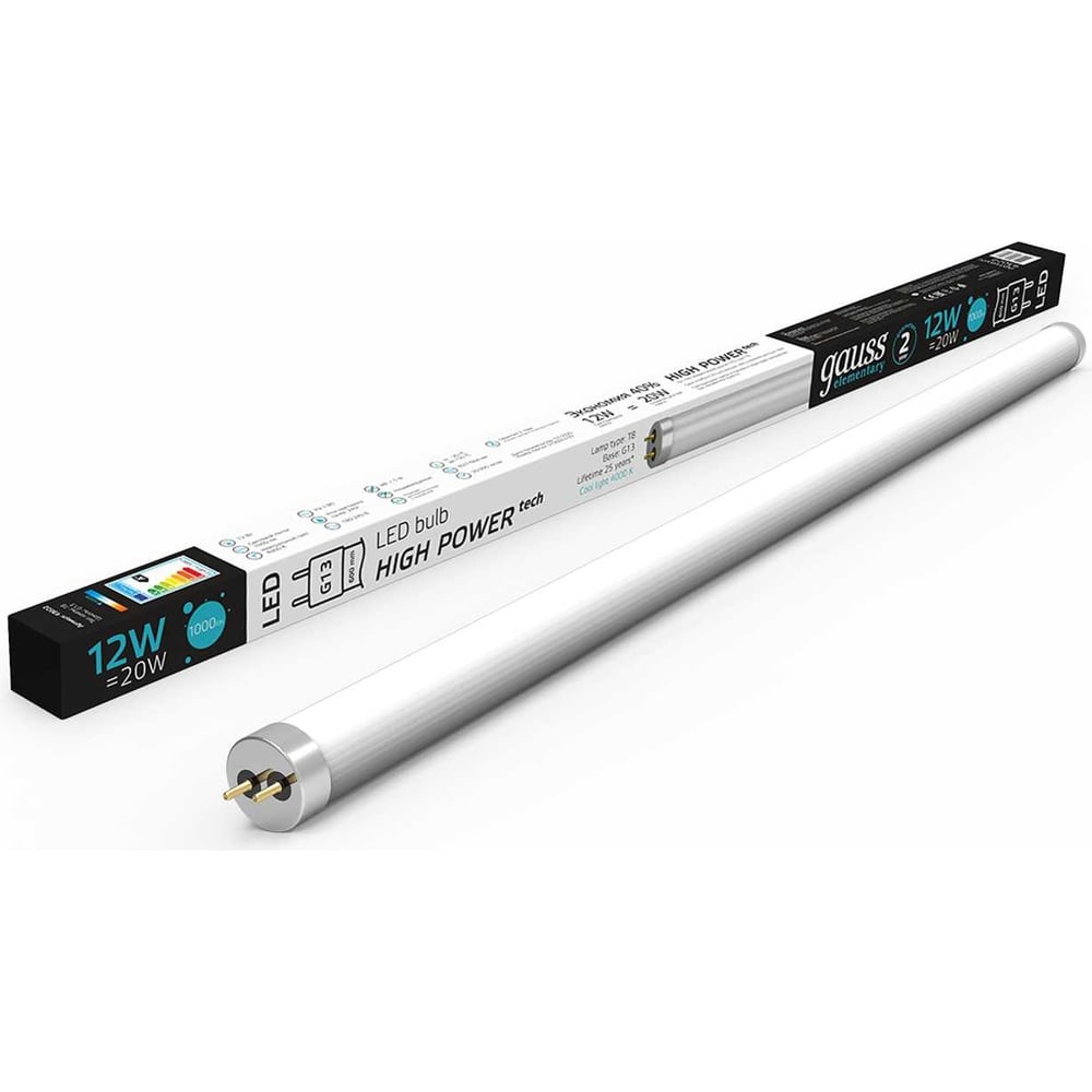Лампа Gauss Elementary T8, 12W, 1000lm, 4000K, G13, 600mm, стекло, LED, 1/20 93022