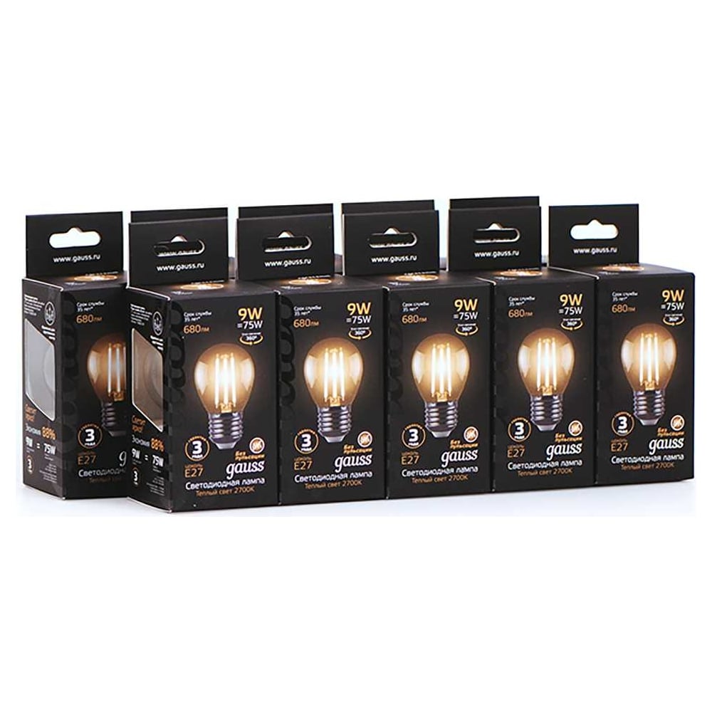 Лампа светодиодная LED Fllament Шар 9W E27 2700K, теплый белый, GAUSS