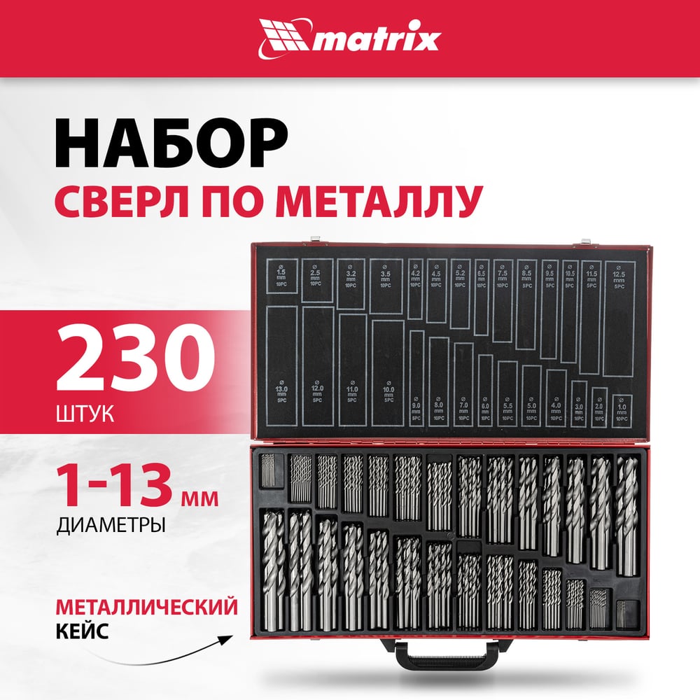 Набор сверл по металлу, 1-13мм, 230шт, HSS, в метал кейсе, Matrix