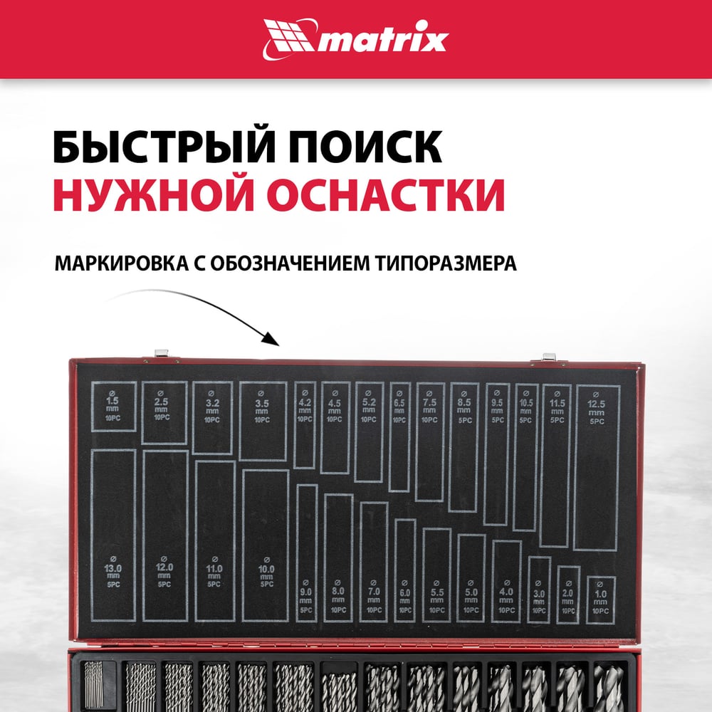 Набор сверл по металлу, 1-13мм, 230шт, HSS, в метал кейсе, Matrix