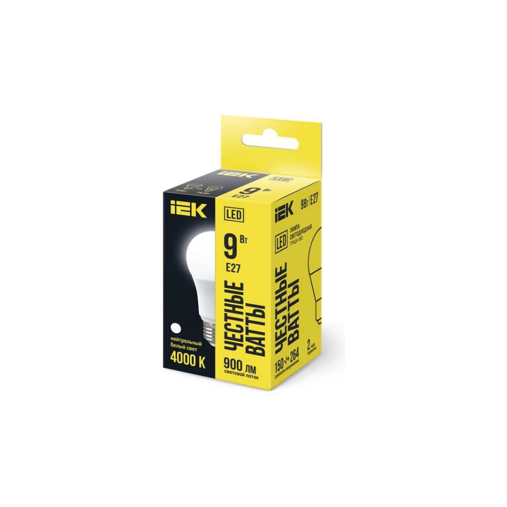Лампа IEK LED, A60, 9вт, 230В, 4000К, E27 LLE-A60-9-230-40-E27