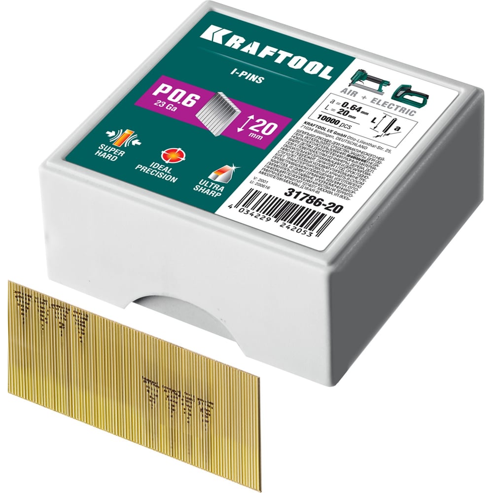 Шпильки для нейлера KRAFTOOL тип 23GA (P0.6) 20мм, 10 000 шт, 31786-20