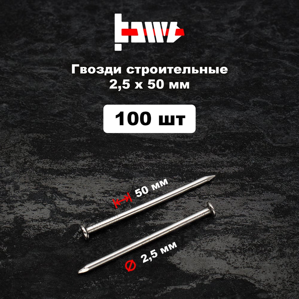 Строительные гвозди BOWT без покрытия, 2.5x50 мм, 100 шт. G02624