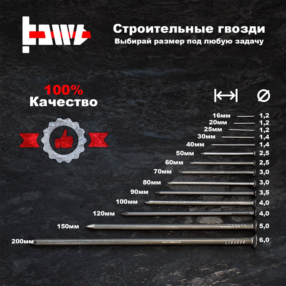 Строительные гвозди BOWT без покрытия, 4x120 мм, 10 шт. G02652